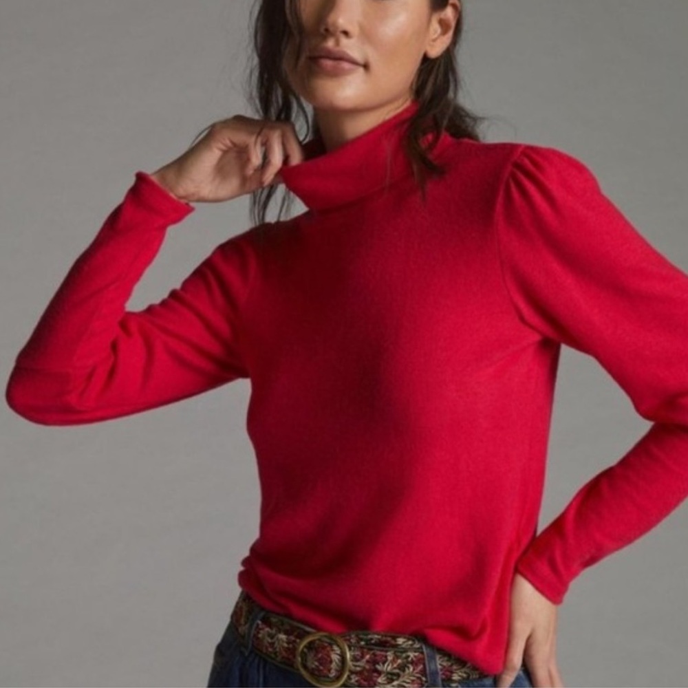 Anthropologie Puff Sleeve Turtleneck in Fuchsia Pink